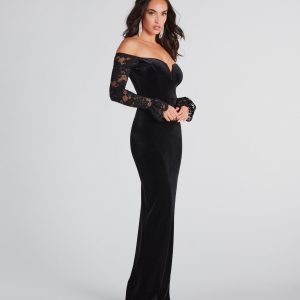Marley Formal Velvet Lace Sleeve Long Dress