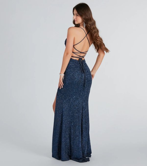 Rosalyn Ruched Glitter Knit High Slit Formal Dress - Image 6