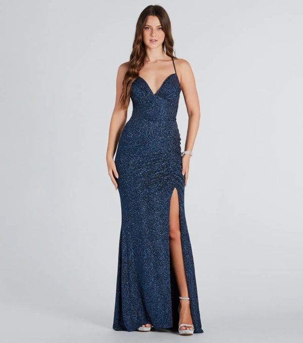 Rosalyn Ruched Glitter Knit High Slit Formal Dress - Image 7
