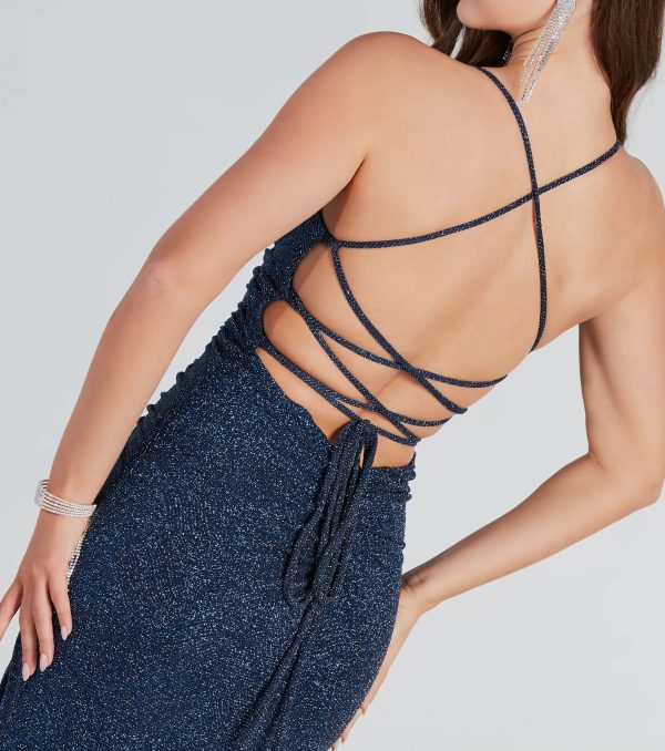Rosalyn Ruched Glitter Knit High Slit Formal Dress - Image 9