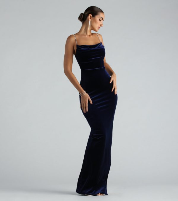 Penny Formal Velvet Rhinestone Strap Long Dress - Image 2