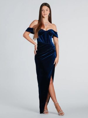 Alex Formal Velvet Bustier Off-The-Shoulder Dress