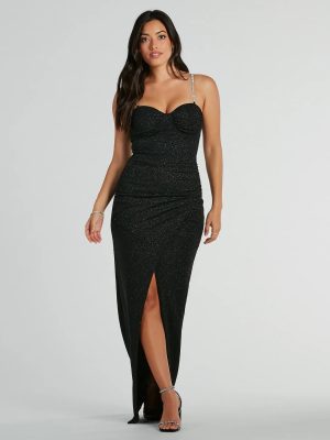Hilary Rhinestone Strap Slit Glitter Formal Dress