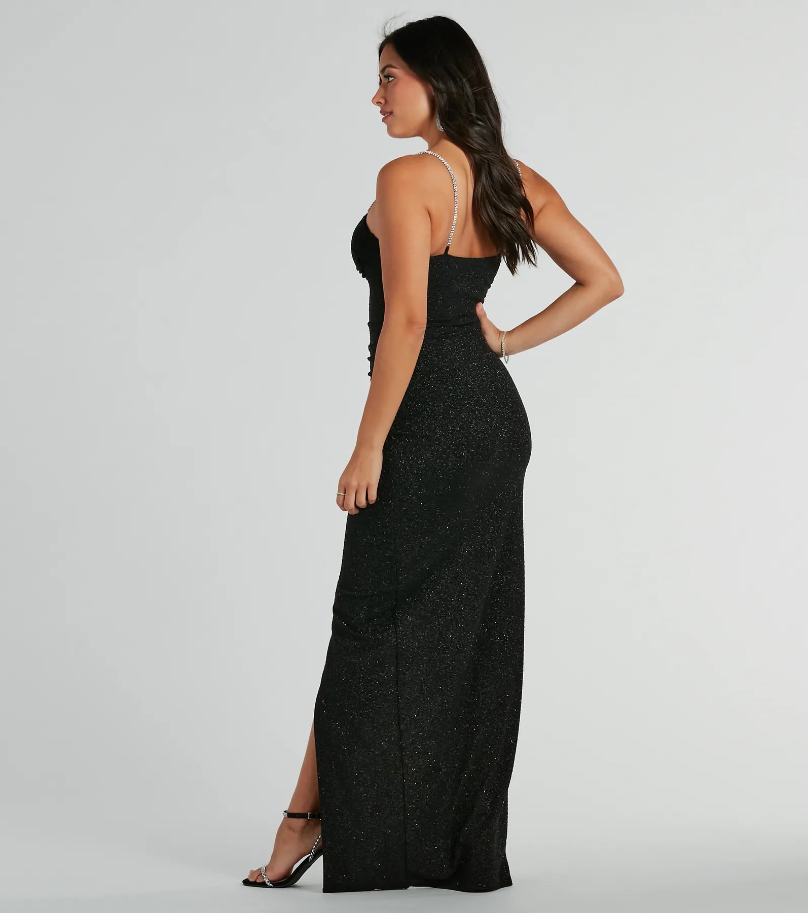 Hilary Rhinestone Strap Slit Glitter Formal Dress - Image 2