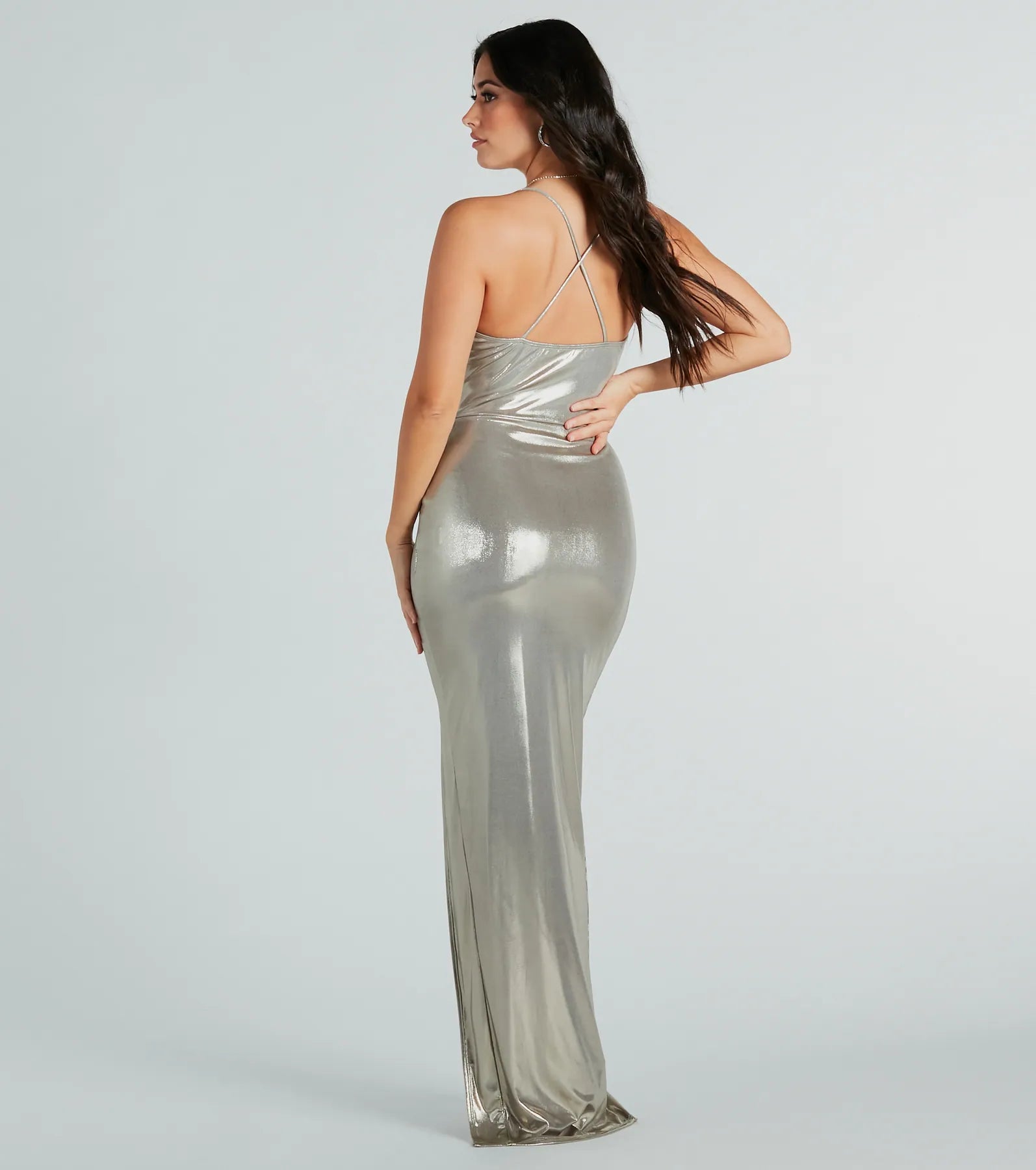 Madelyn Formal Metallic Cowl Neck Long Dress - Image 2