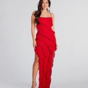Janelle Ruffle High Slit Glitter Mesh Formal Dress