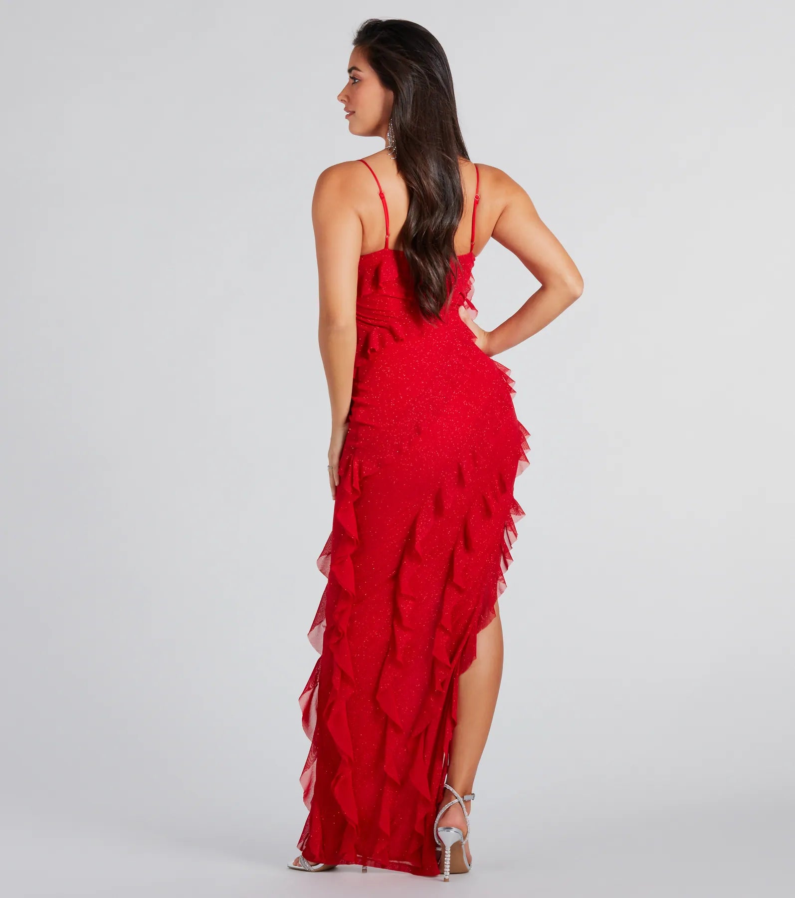 Janelle Ruffle High Slit Glitter Mesh Formal Dress - Image 2