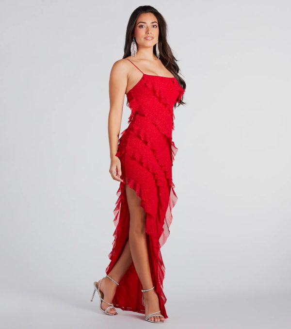 Janelle Ruffle High Slit Glitter Mesh Formal Dress - Image 3