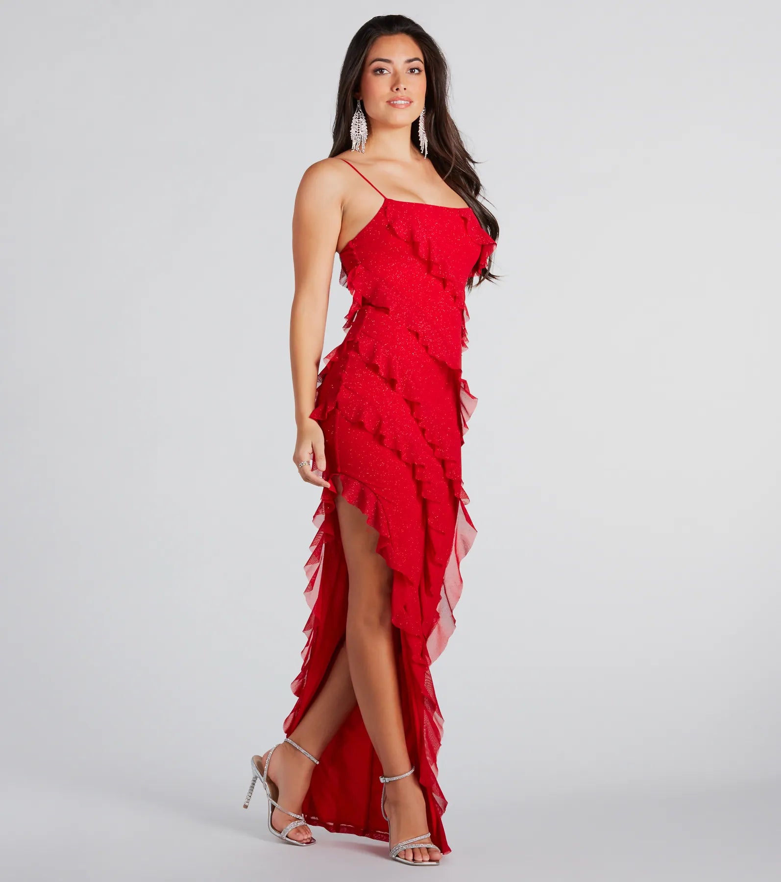 Janelle Ruffle High Slit Glitter Mesh Formal Dress - Image 3