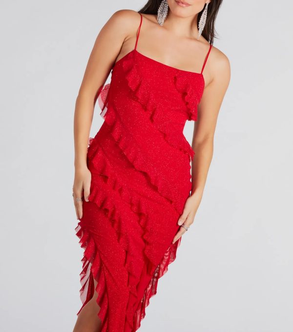 Janelle Ruffle High Slit Glitter Mesh Formal Dress - Image 4
