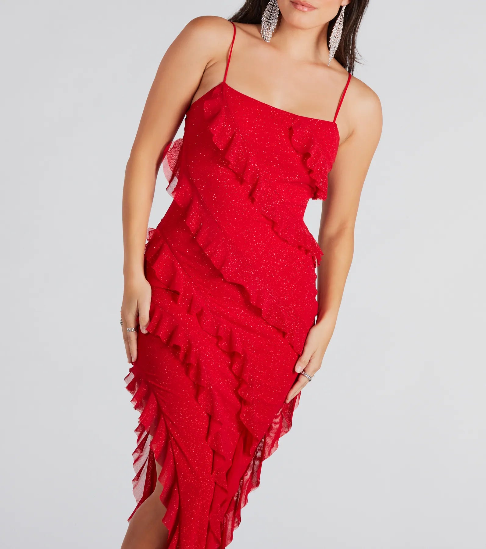 Janelle Ruffle High Slit Glitter Mesh Formal Dress - Image 4