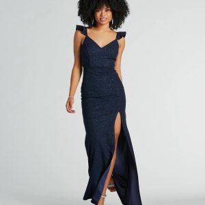 Tamera V-Neck Ruffle Mermaid Glitter Formal Dress