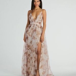 Clarissa V-Neck Rose Floral A-Line Formal Gown