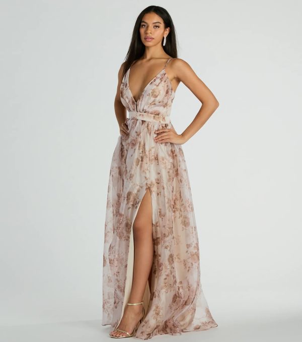 Clarissa V-Neck Rose Floral A-Line Formal Gown - Image 4