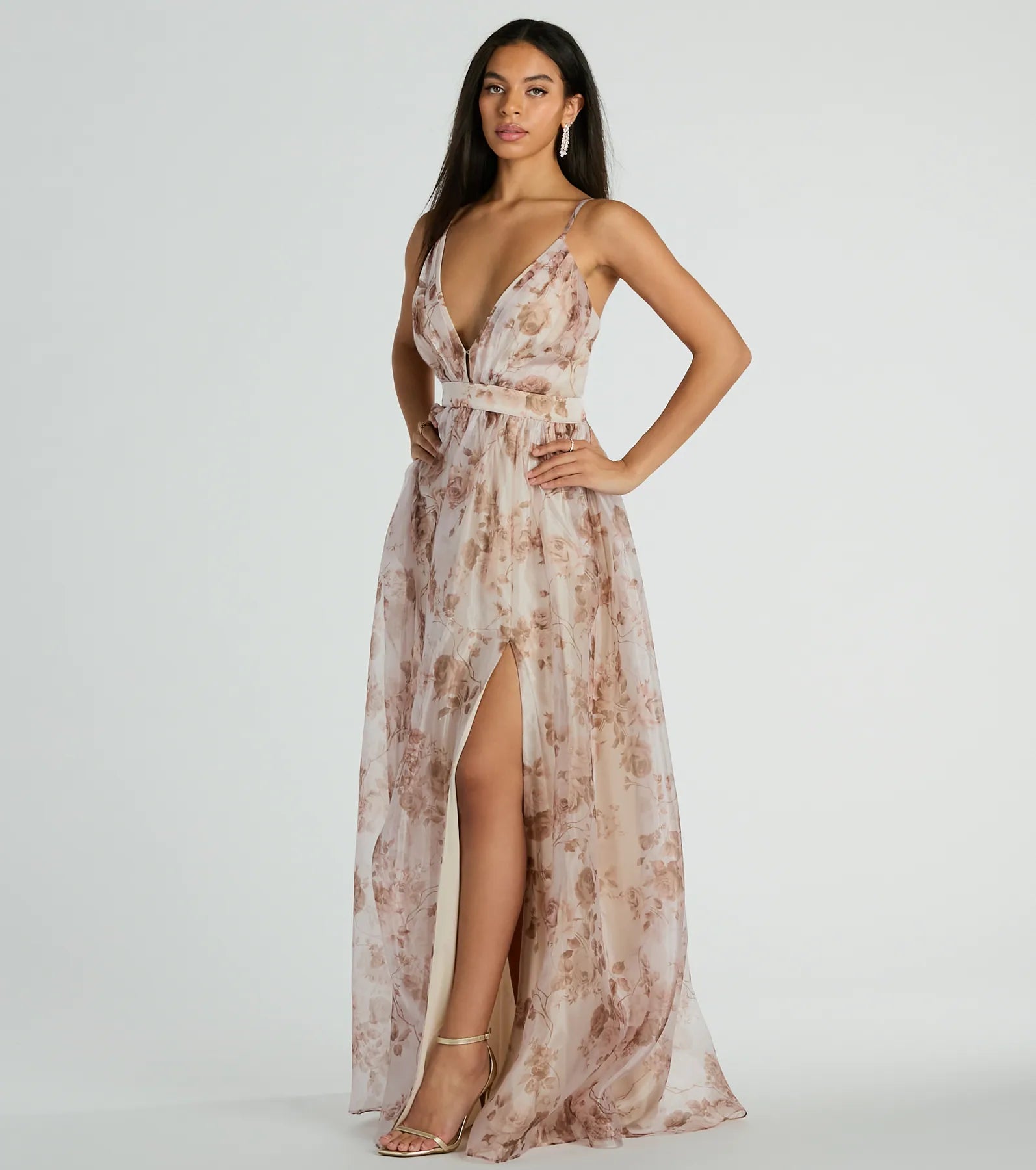 Clarissa V-Neck Rose Floral A-Line Formal Gown - Image 4