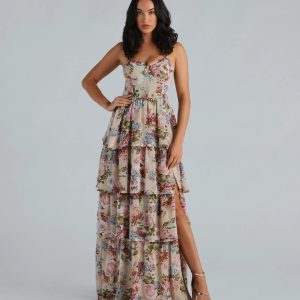 Natalie Formal Chiffon Floral Ruffle A-Line Dress