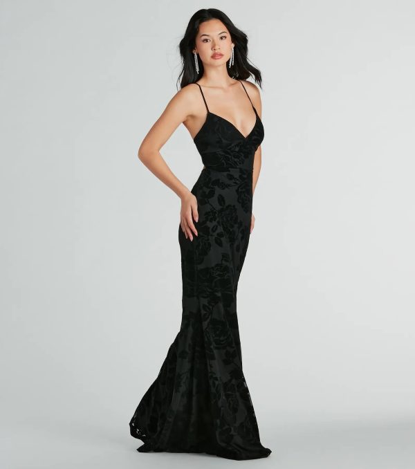 Aly Formal Floral Velvet Lace-Up Mermaid Dress - Image 3