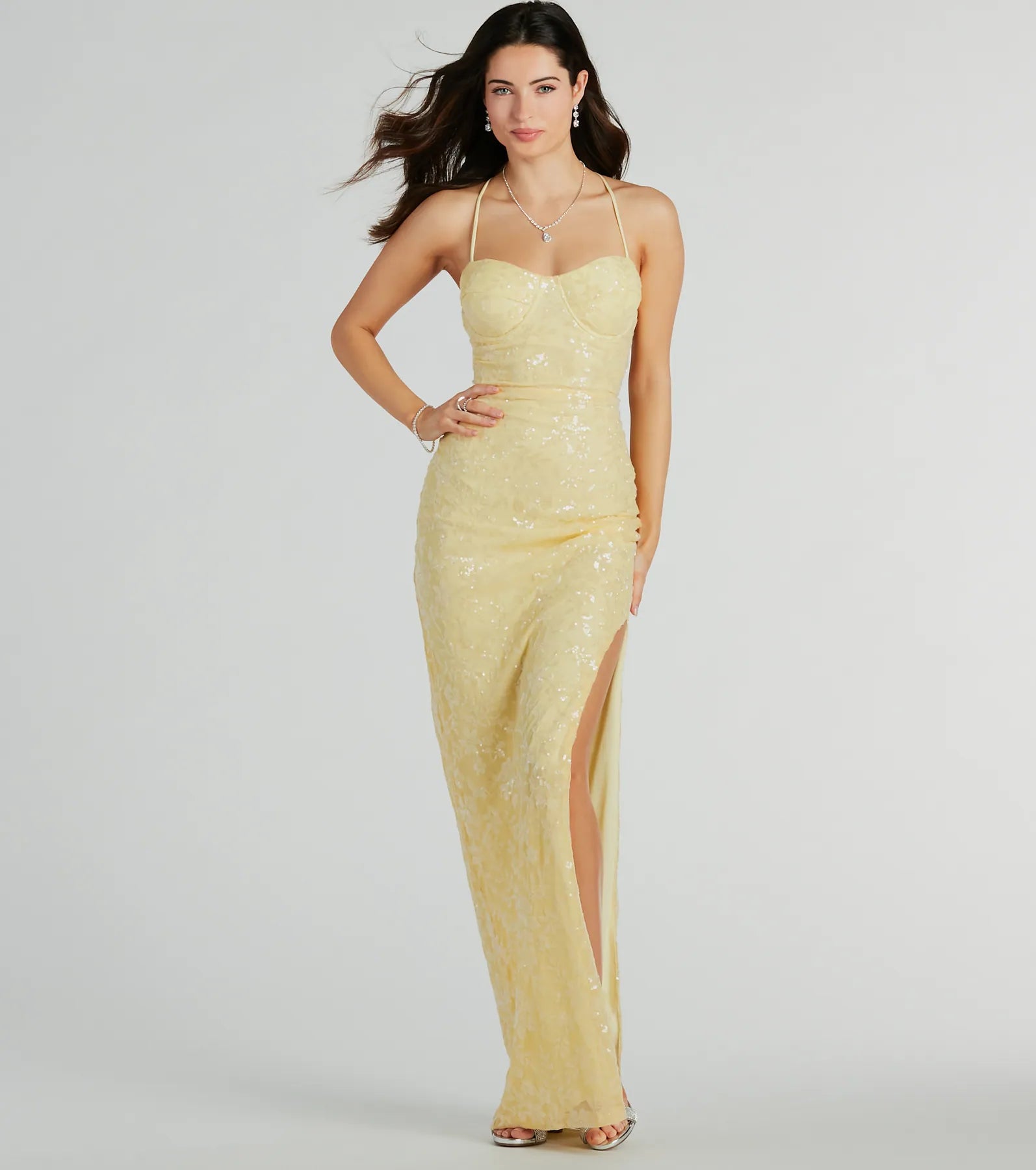 Lakelyn Lace-Up Floral Sequin Mesh Formal Dress - Image 3