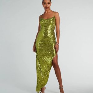 Jennifer Strappy Back High Slit Sequin Formal Dress