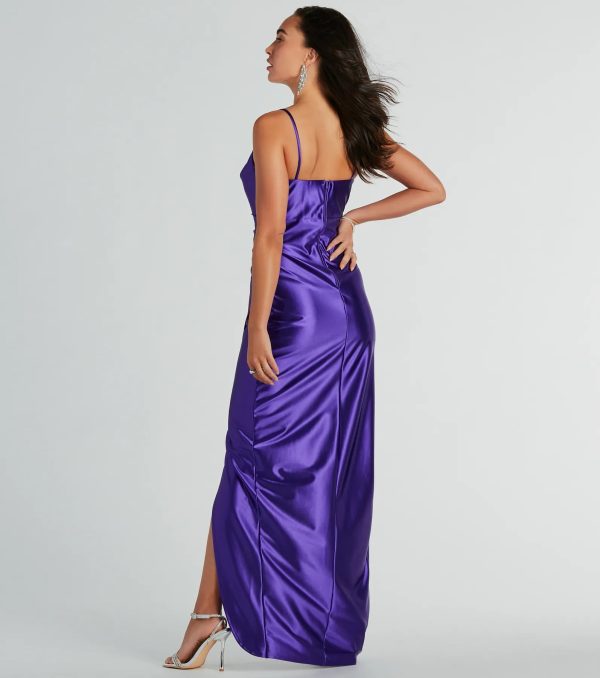 Stephanie Cowl Neck Wrap Satin Formal Dress - Image 2