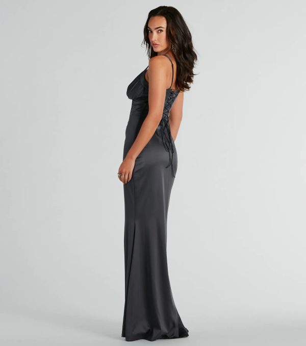 Catrina Formal V-Neck Corset Mermaid Satin Dress - Image 2