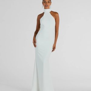 Maia Halter Faux Pearl Strap Crepe Mermaid Dress
