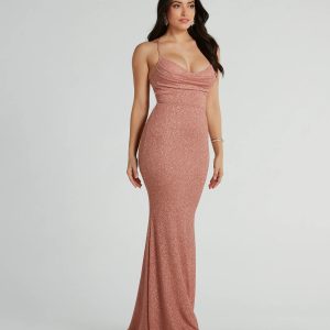Chelsea Cowl Neck Lace-Up Mermaid Glitter Dress
