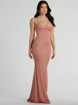 Chelsea Cowl Neck Lace-Up Mermaid Glitter Dress