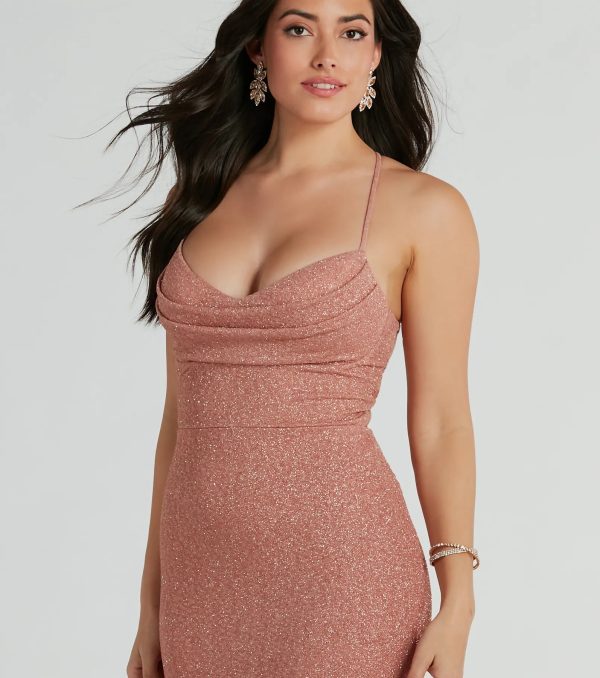 Chelsea Cowl Neck Lace-Up Mermaid Glitter Dress - Image 3