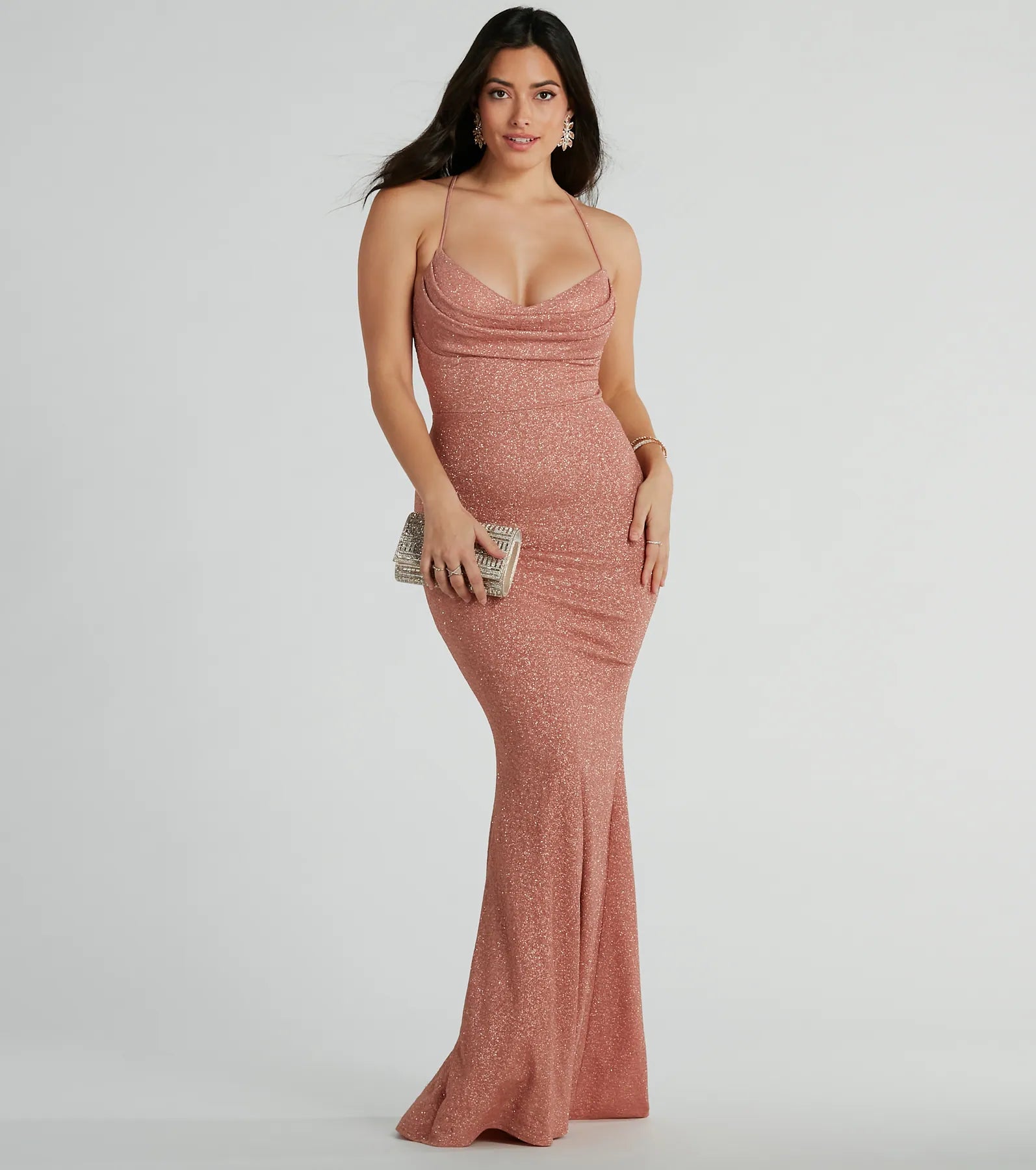 Chelsea Cowl Neck Lace-Up Mermaid Glitter Dress - Image 4
