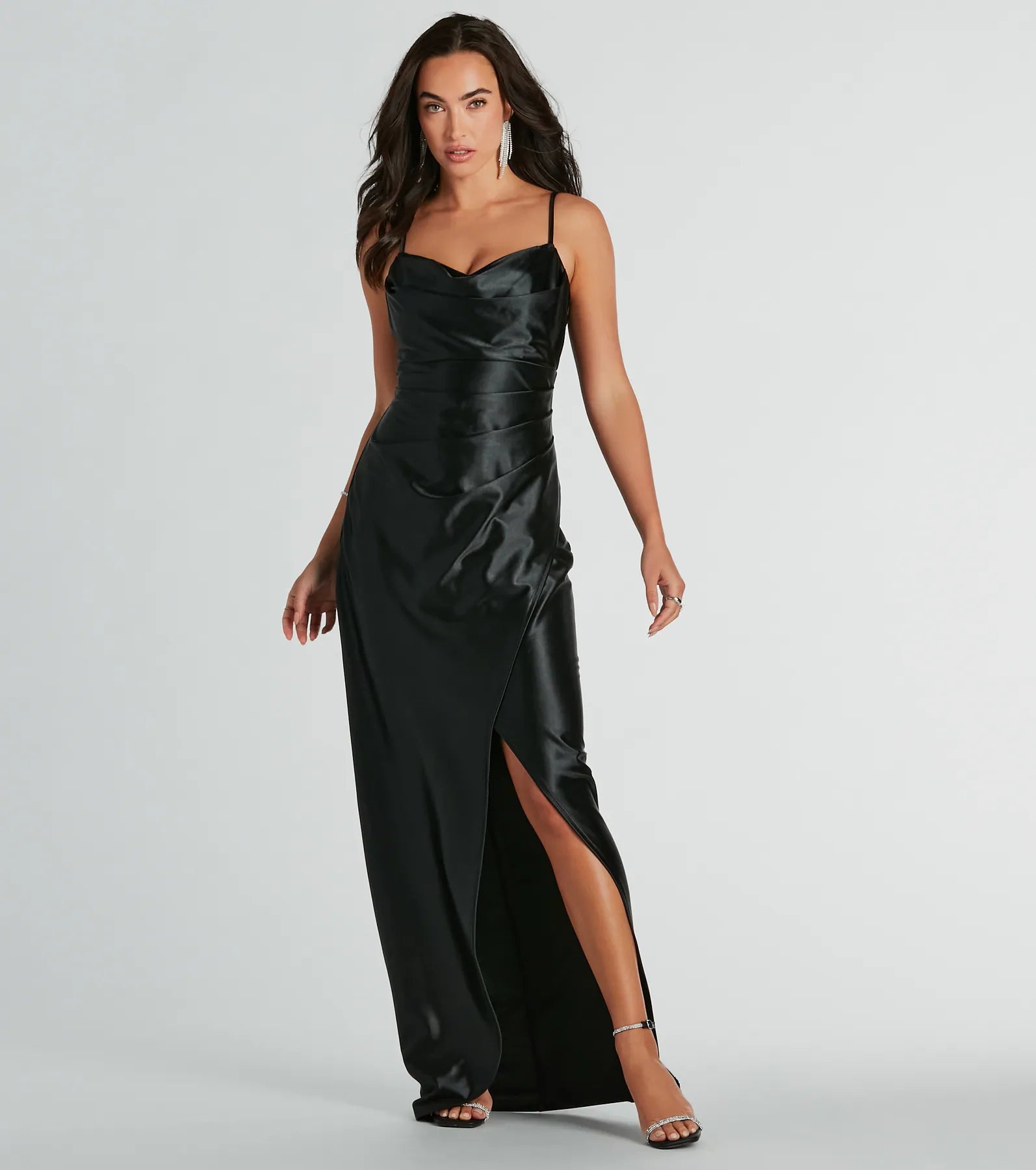 Stephanie Cowl Neck Wrap Satin Formal Dress - Image 5