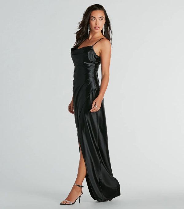 Stephanie Cowl Neck Wrap Satin Formal Dress - Image 6