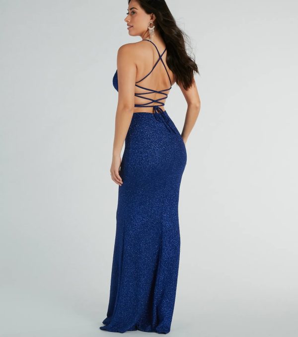 Chelsea Cowl Neck Lace-Up Mermaid Glitter Dress - Image 8
