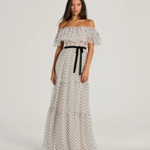 Aria Ruffled Off-The-Shoulder Polka Dot Mesh Formal Dress