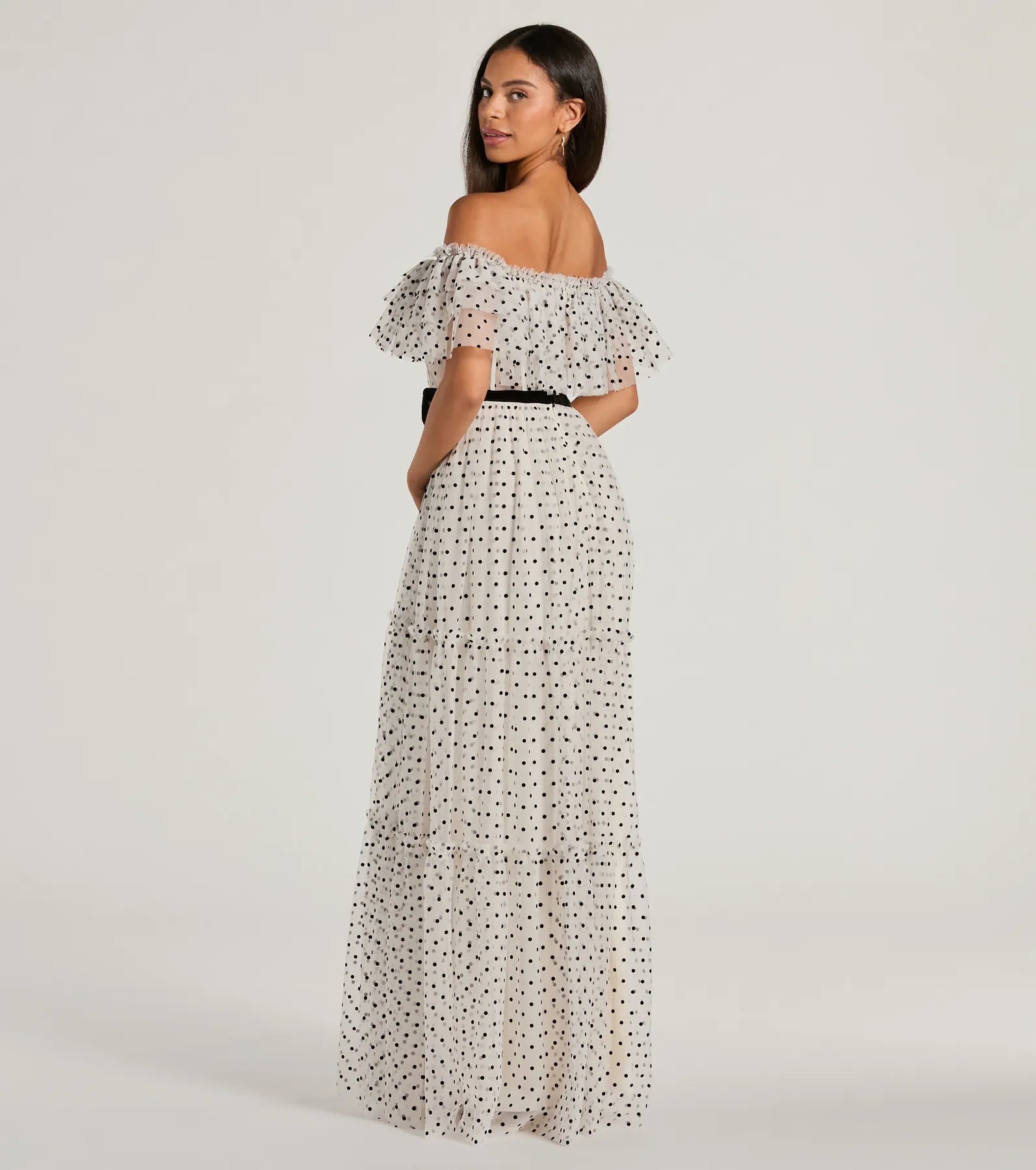 Aria Ruffled Off-The-Shoulder Polka Dot Mesh Formal Dress - Image 2