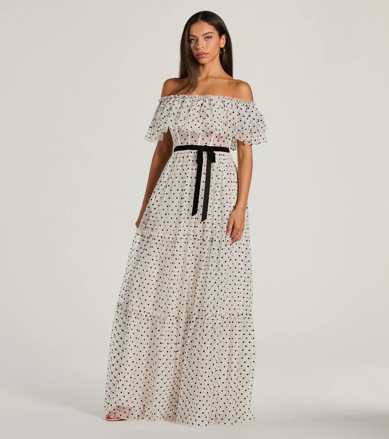 Aria Ruffled Off-The-Shoulder Polka Dot Mesh Formal Dress - Image 4
