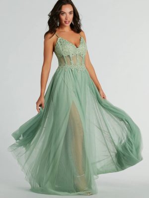 Fatima V-Neck Embroidered A-Line Tulle Dress