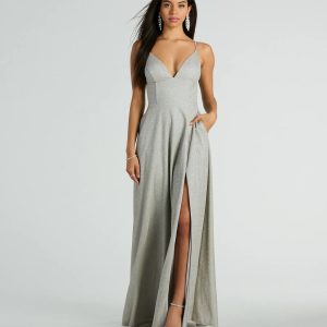 Mary Lace Up A-Line Glitter Formal Dress With Pockets
