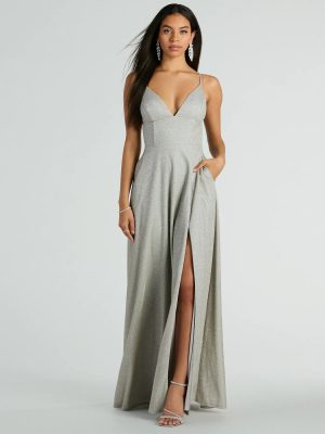 Mary Lace Up A-Line Glitter Formal Dress With Pockets