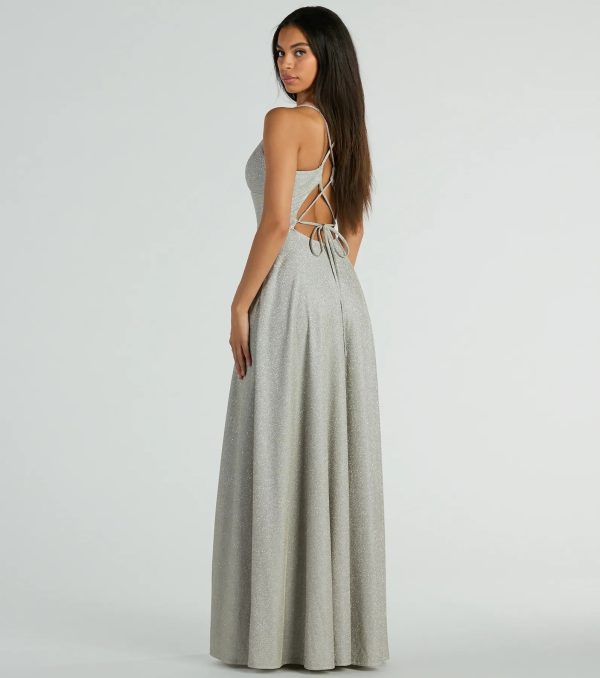 Mary Lace Up A-Line Glitter Formal Dress With Pockets - Image 2
