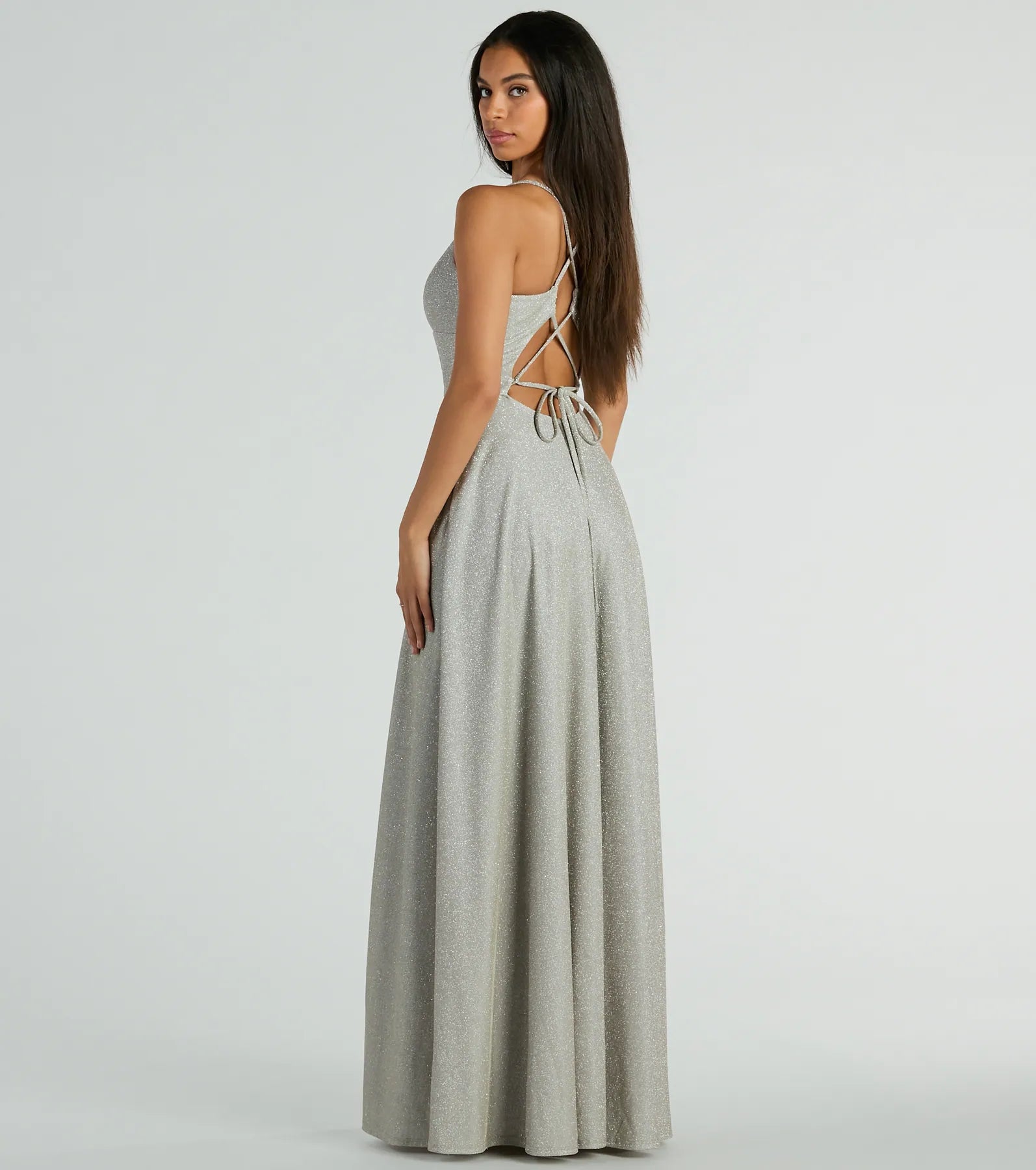 Mary Lace Up A-Line Glitter Formal Dress With Pockets - Image 2