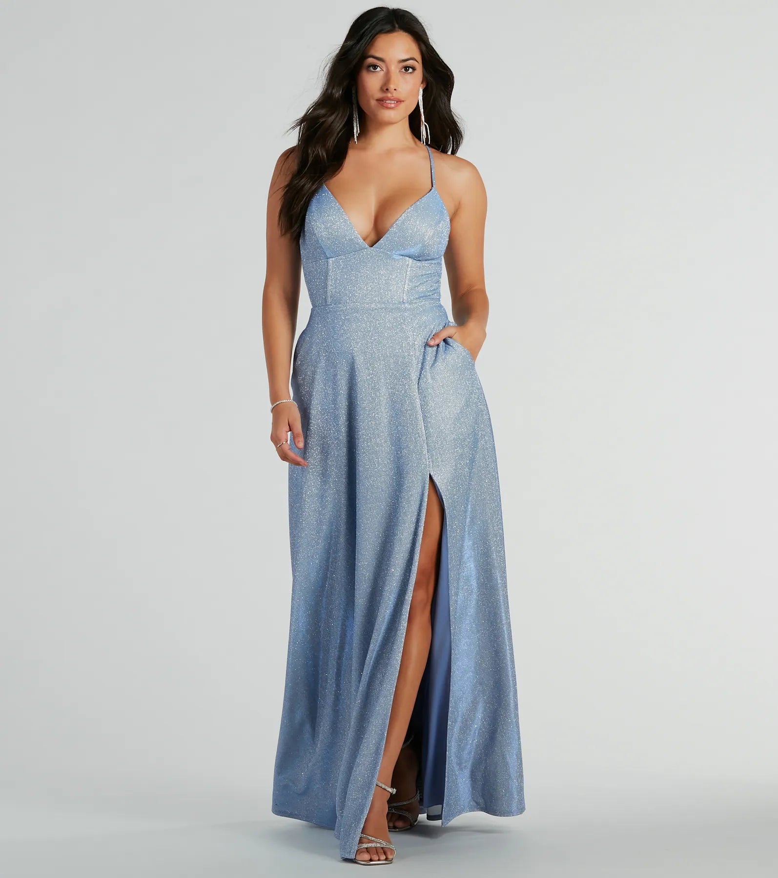 Mary Lace Up A-Line Glitter Formal Dress With Pockets - Image 5