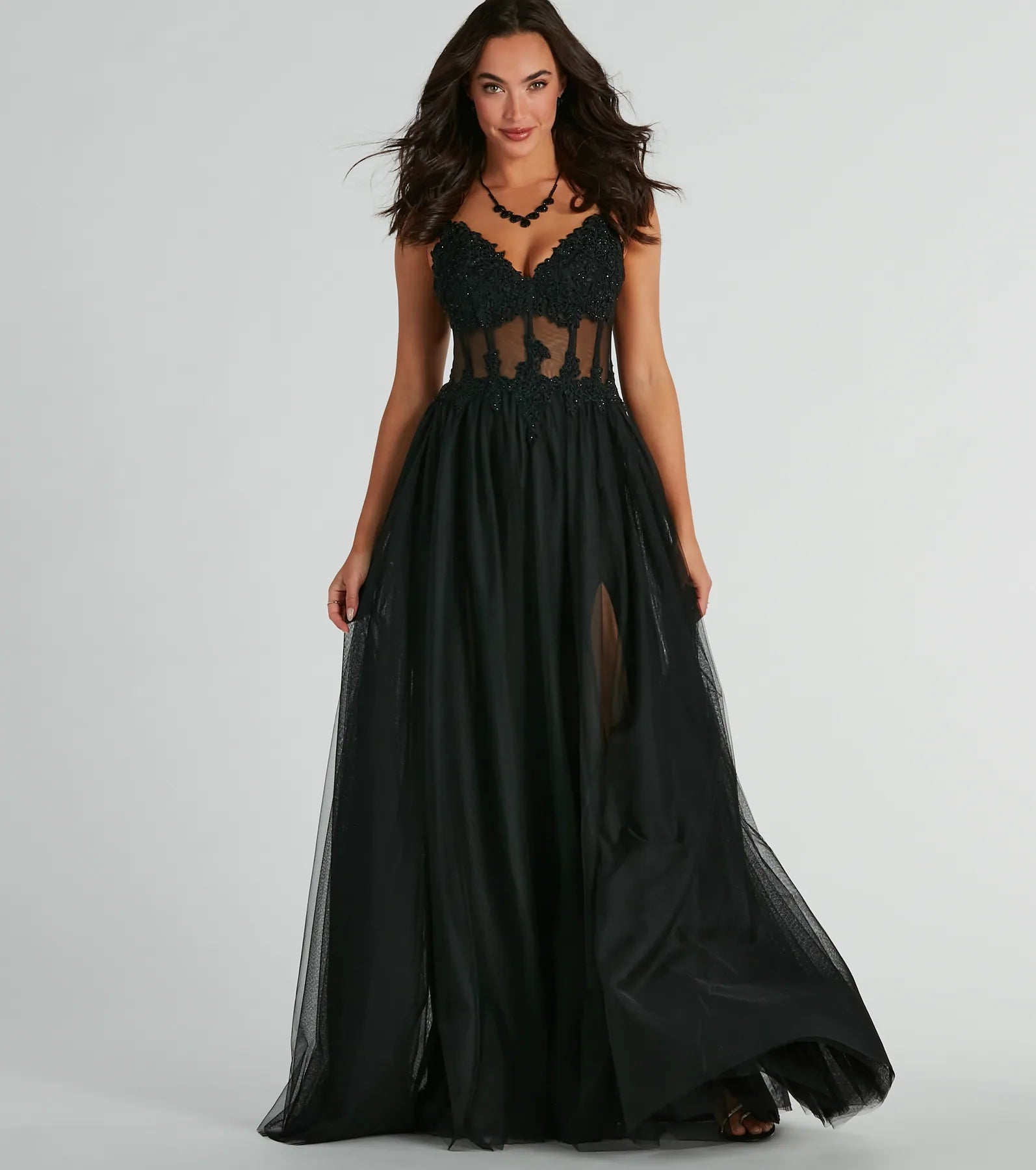 Fatima V-Neck Embroidered A-Line Tulle Dress - Image 5