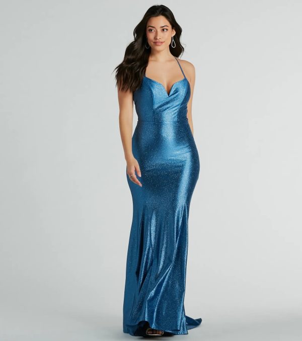 Mindy Strappy Back Mermaid Satin Glitter Dress - Image 4