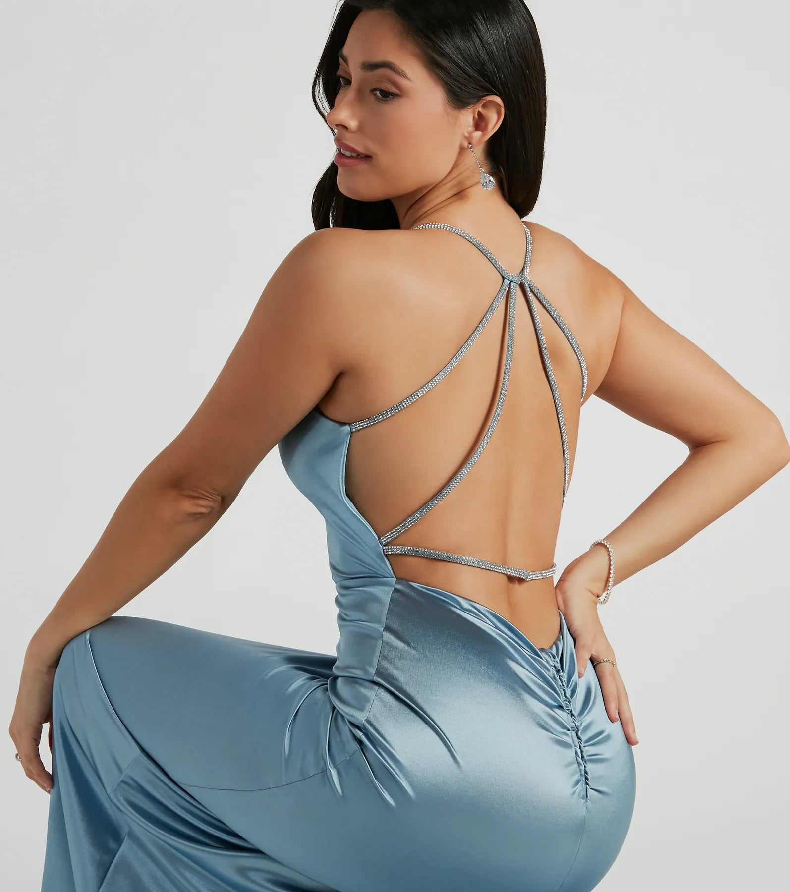 Kaley Rhinestone Strappy Mermaid Satin Dress - Image 4