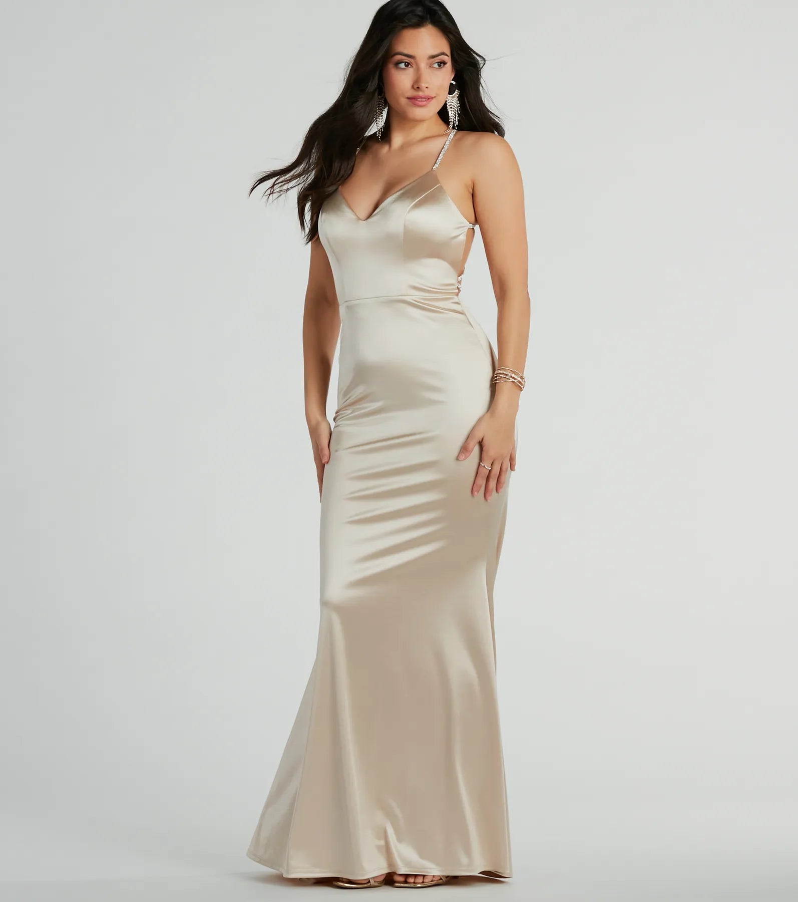 Kaley Rhinestone Strappy Mermaid Satin Dress - Image 5