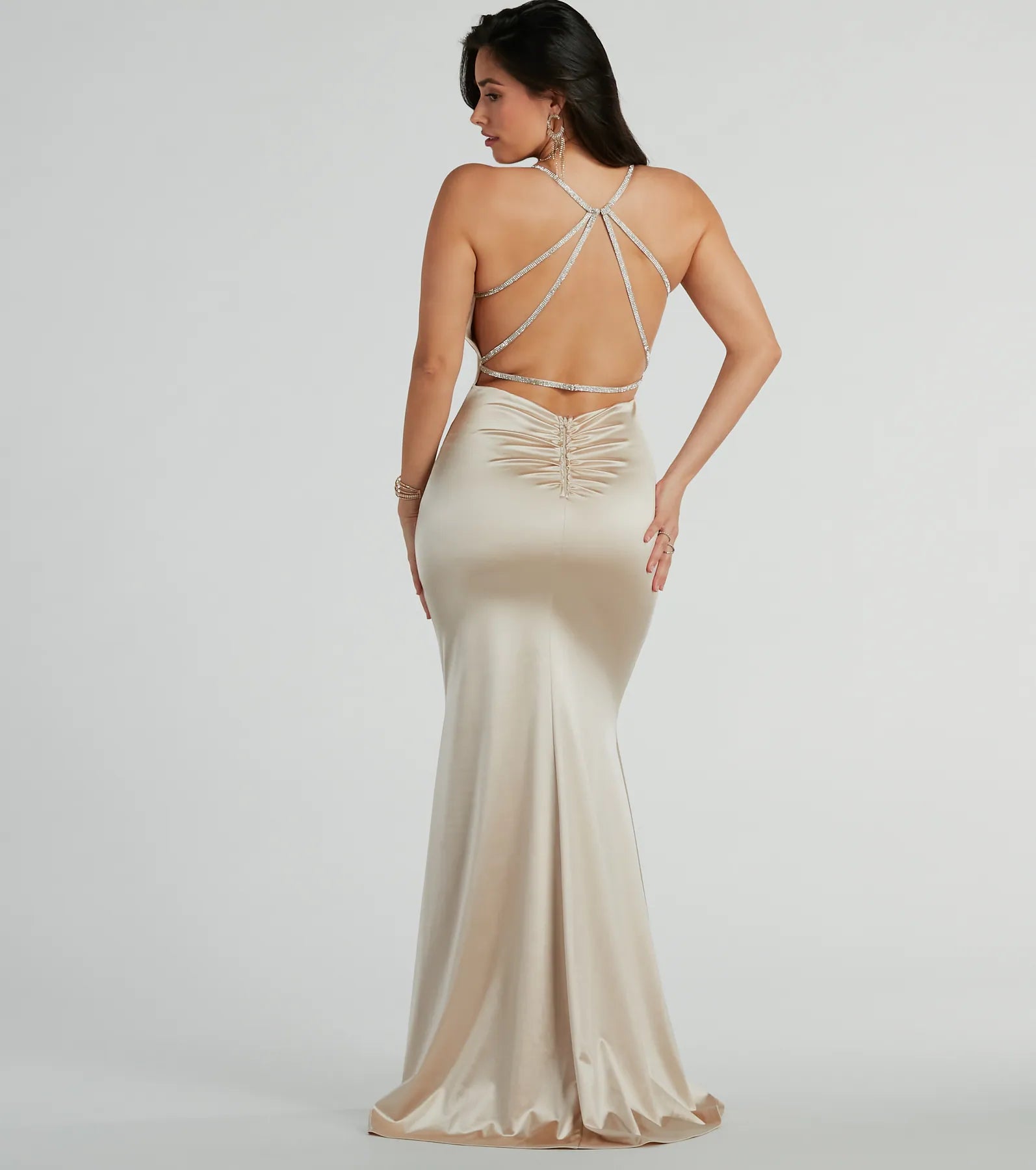 Kaley Rhinestone Strappy Mermaid Satin Dress - Image 6