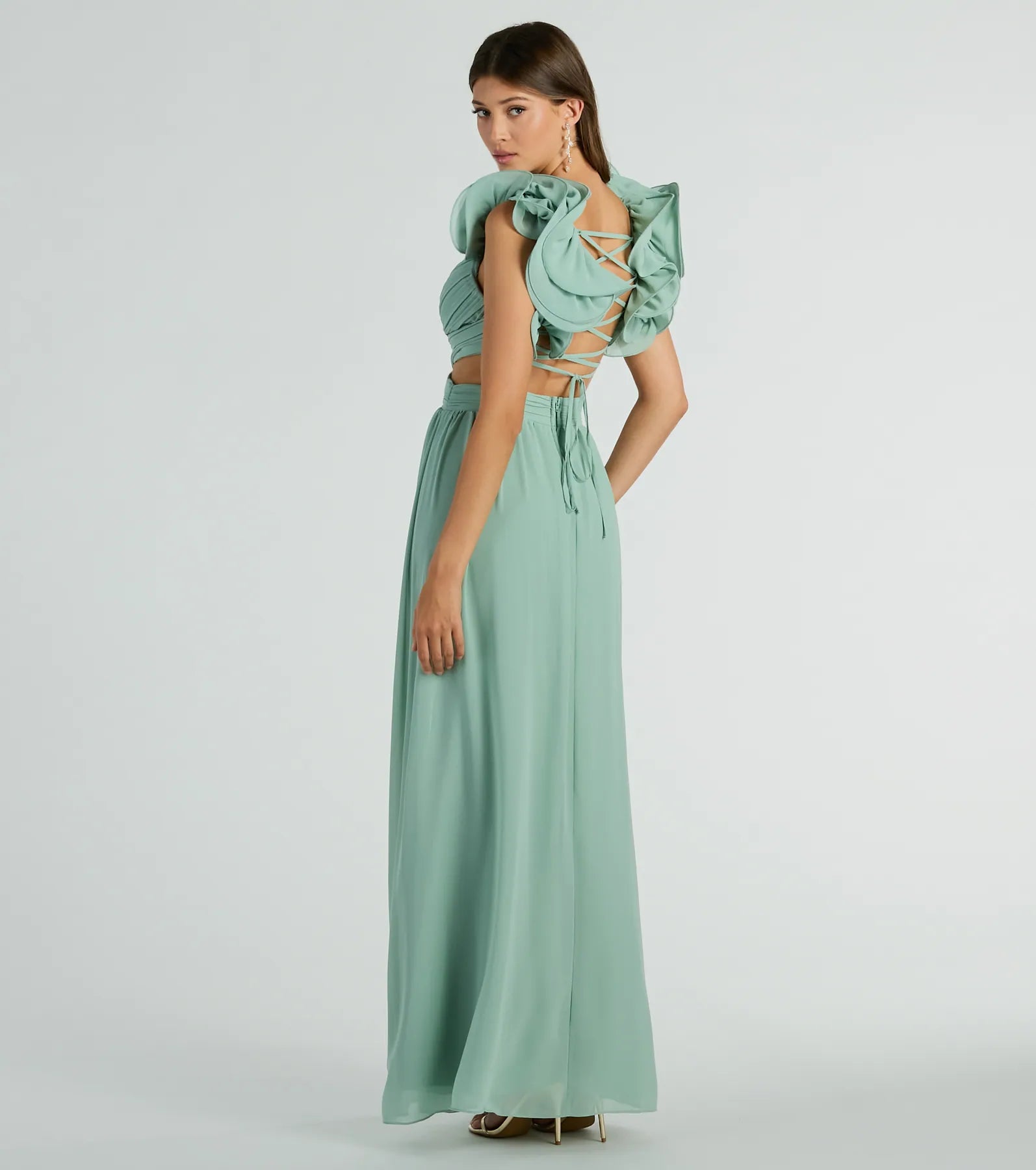 Anne Marie Lace-Up Ruffle A-Line Chiffon Formal Dress - Image 6