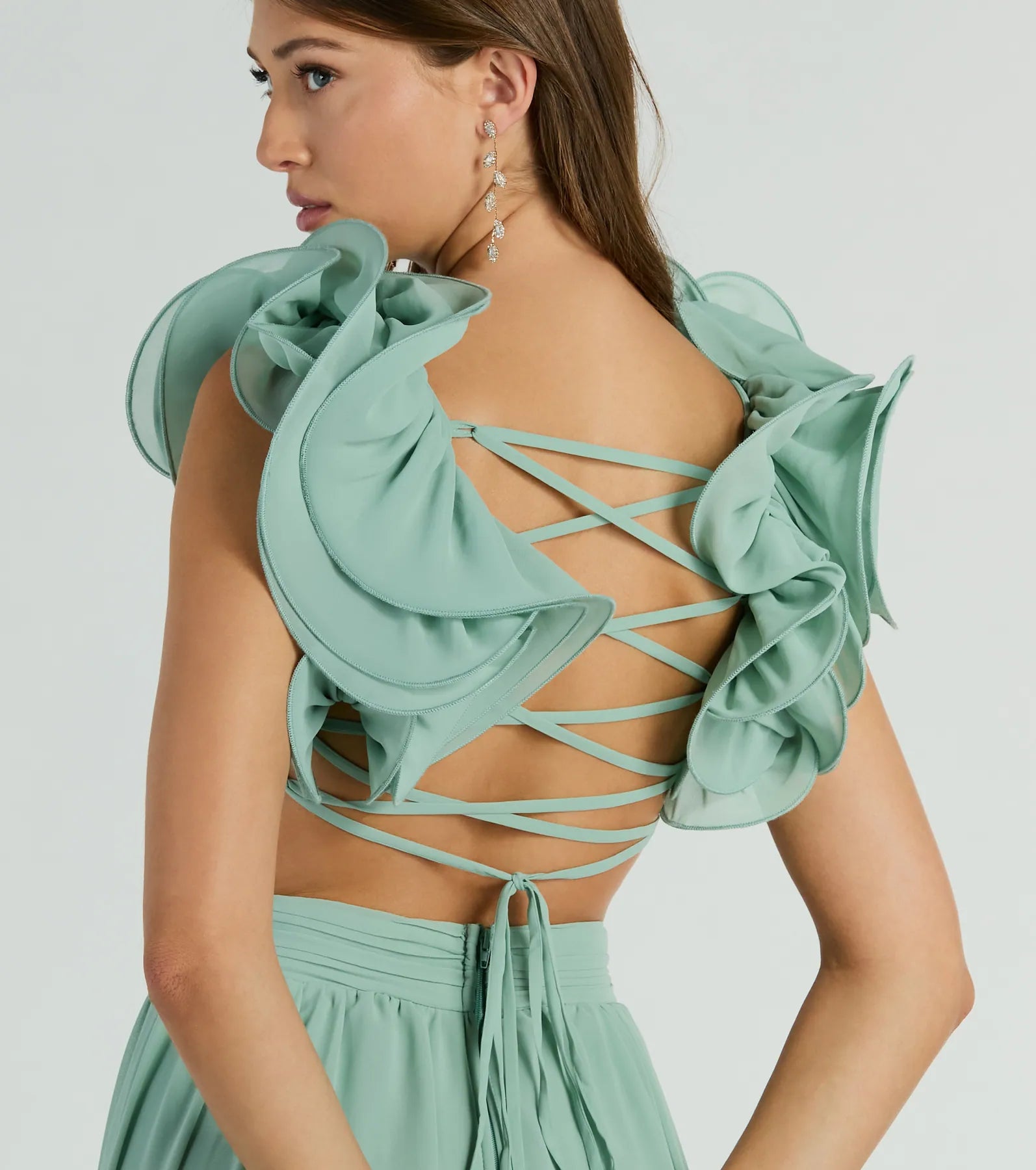 Anne Marie Lace-Up Ruffle A-Line Chiffon Formal Dress - Image 8