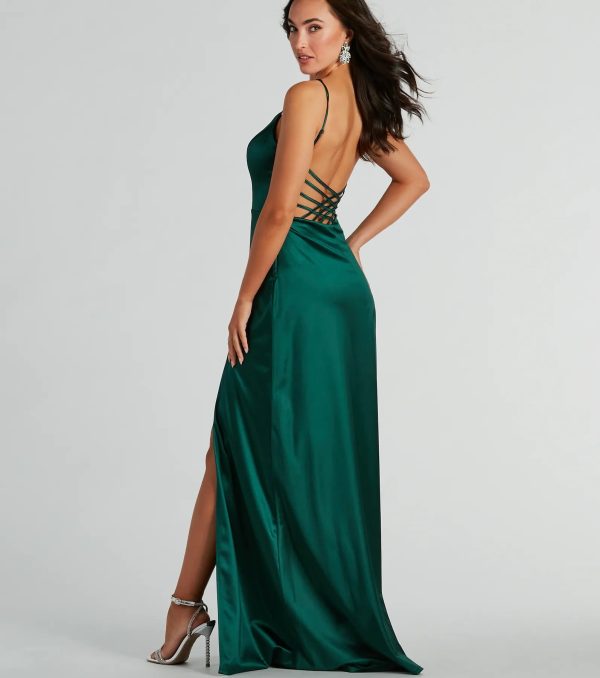 Ansley V-Neck Lattice A-Line Satin Formal Dress - Image 3